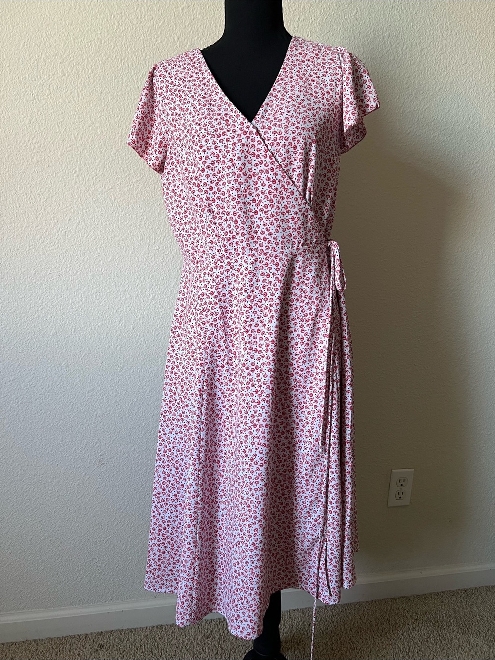 Ann Taylor White and Pink Floral Wrap Midi Dress 8P